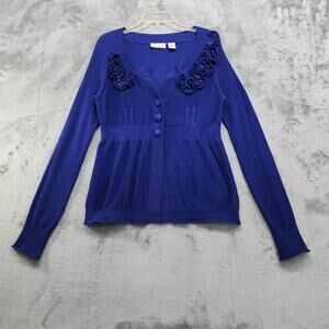 DKNY Sweater Womens M Blue 3 Button up Cardigan Embellished Detail Cotton Preppy